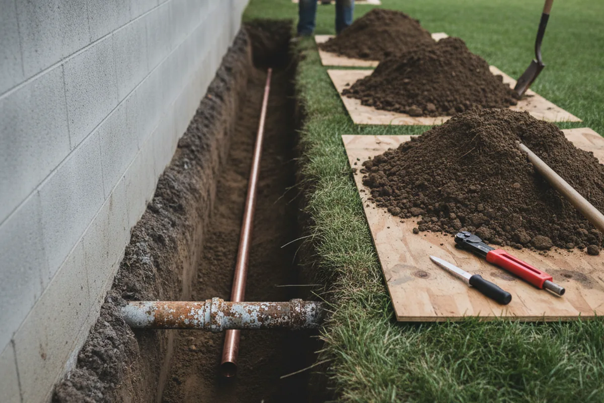 Excavated water line trench during Water Softener Installation in Thendara